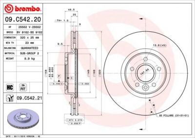 Brembo 09.C542.20 тормозной диск на VOLVO V50 (MW)