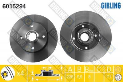 GIRLING Диск тормозной задн. VW Golf II III Vento Passat III IV 88-96 226x10mm (6N0615601, 6015294)