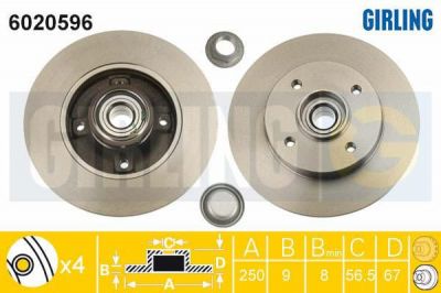 GIRLING Диск тормозной CITROEN С3/C4/PEUGEOT 207/307 задний с подш. (424932, 6020596)