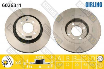 Girling 6026311 Диск тормозной VW GOLF II/PASSAT 88-97/SEAT IBIZA 96- передний вент.D=280мм.