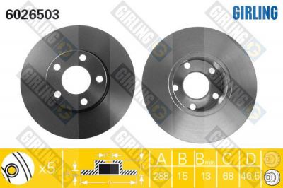 GIRLING Диск тормозной перед. VAG A4/A100/A6 1,8-2,5L 94-97 не вентил. (288X15mm) (4A0615301B, 6026503)