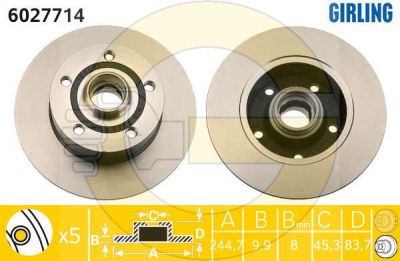 GIRLING Диск тормозной AUDI A4 1.6-2.8 95-01 задний D=245мм. (8D0615601B, 6027714)