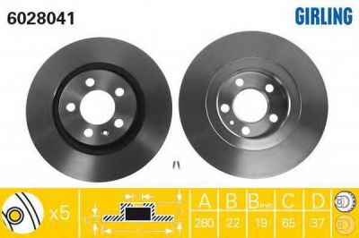 GIRLING Диск тормозной AUDI A3 96-/SKODA OKTAVIA 96-/VW BORA/GOLF IV/V передний D=280мм. (562039J, 6028041)