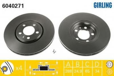 GIRLING Диск тормозной перед. VAG A3/Polo/Fabia/Golf IV/Bora/Octavia 1,2-2,3L 97-> (288X25mm)(Geomed D) (1J0615301, 6040271)