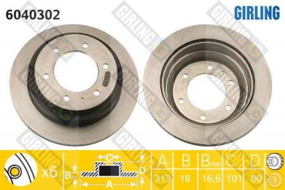 Girling 6040302 Диск тормозной OPEL FRONTERA/MONTEREY/ISUZU TROOPER задний вент.D=313мм.