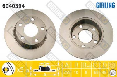 GIRLING Диск тормозной задний AUDI A6 qattro A6 ALLROAD 1.8-4.2 97-05 255x10mm (4B0615601B, 6040394)