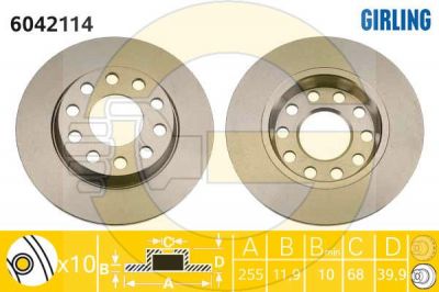 Girling 6042114 Диск тормозной AUDI A4 1.6-3.0 00-/VW PASSAT 4motion 96-05 задний D=255мм.