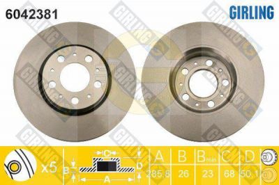 GIRLING Диск тормозной передний VOLVO S60 01- S80 99-06 V70 97- XC70 02- R15 285,5x26mm (31262706, 6042381)