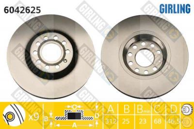 GIRLING Диск тормозной перед. A4 A6 VW Passat V 07 97-> Superb 312x25mm (8E0615301R, 6042625)