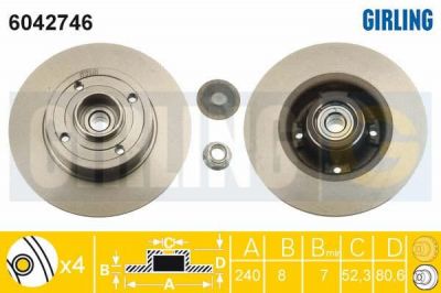 GIRLING Диск тормозной RENAULT CLIO III 05-/MEGANE II 02- задний с подшипником (7701207823, 6042746)