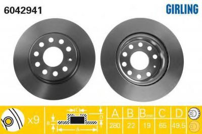 GIRLING Диск тормозной перед. вентил. A3 VW Golf V Jetta III Caddy III 03-> SKODA OCTAVIA YETI 280x22mm (1K0615301AC, 6042941)