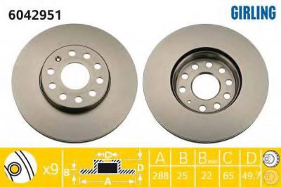 GIRLING Диск тормозной передний A3 04> VW CADDY 04> G5 TOURAN 03> 288x25mm (1K0615301T, 6042951)