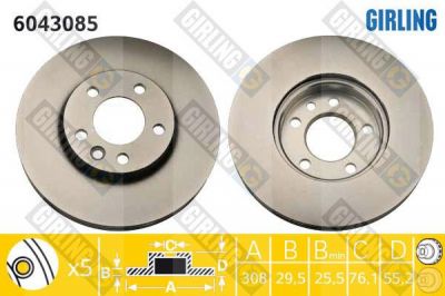 GIRLING Диск тормозной VW MULTIVAN/T5 03-/TOUAREG 02-10 передний D=308мм. (7H0615301D, 6043085)