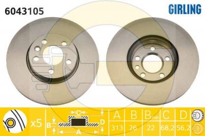 Girling 6043105 Диск тормозной FORD GALAXY 95-06/VW SHARAN 95-/TRANSPORTER IV передний D=313мм.