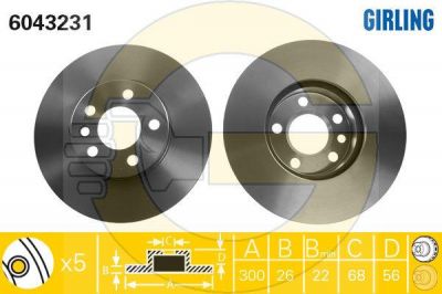 GIRLING Диск тормозной FORD GALAXY 95-06/VW SHARAN 95-/TRANSPORTER IV передний D=300мм. (1141782, 6043231)