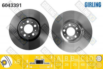 GIRLING Диск тормозной передний VOLVO XC90 02> 316x28mm (30736406, 6043391)