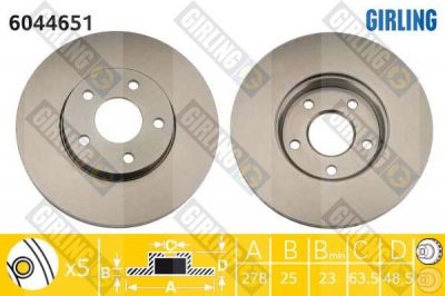 GIRLING Диск тормозной FORD FOCUS II/III/C-MAX 03-/VOLVO S40 04- передний вент.D=278мм. (1320352, 6044651)