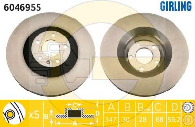 GIRLING Диск тормозной AUDI A6/A6 ALLROAD 2.7-4.2 04- передний D=347мм (4F0615301G, 6046955)