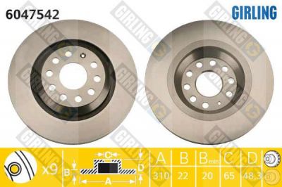 Girling 6047542 Диск тормозной AUDI A3/SKODA SUPERB/VW GOLF VI/PASSAT задний D=310мм.