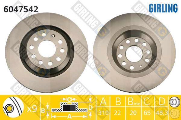 Girling 6047542 Диск тормозной AUDI A3/SKODA SUPERB/VW GOLF VI/PASSAT задний D=310мм.