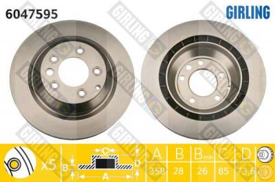 GIRLING Диск тормозной AUDI Q7 06-/PORSCHE CAYENNE 04-/VW TOUAREG 02-10 задний D=358мм. (7L8615601D, 6047595)