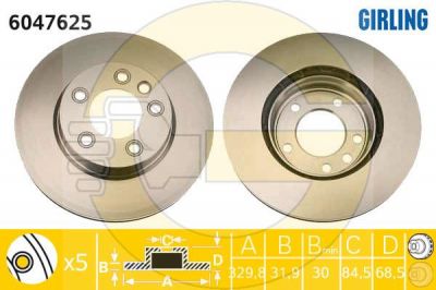 GIRLING Диск тормозной VOLKSWAGEN TOUAREG 03>/PORCHE CAYENNE 03> R17 передний лев.вент. <=6043065 (7L6615301N, 6047625)