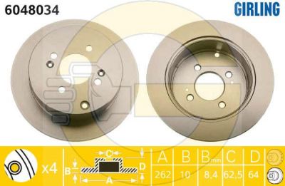 GIRLING Диск тормозной зад. HYUNDAI Getz/I20/Rio II 1,4-1,6L 02-> (262X10mm) (584111C800, 6048034)