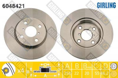 GIRLING Диск тормозной перед. TOYOTA Yaris 1,0-1,4L 02-> (258x22mm) (435120D060, 6048421)