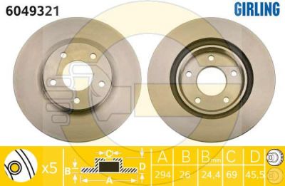 Girling 6049321 Диск тормозной CHRYSLER SEBRING/DODGE CALIBER/JEEP COMPASS/PATRIOT перед.D=294мм