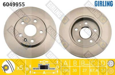 Girling 6049955 Диск тормозной OPEL INSIGNIA 08-/SAAB 9-5 10- R16 передний D=296мм.