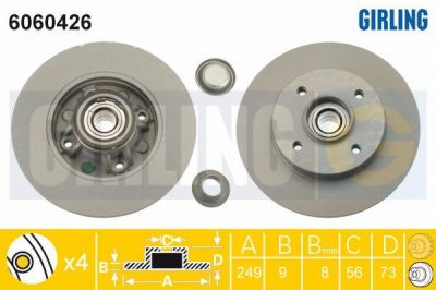 GIRLING Диск тормозной CITROEN C4 04-/PEUGEOT 308 07- задний с подшипником (424966, 6060426)