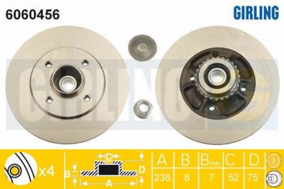 GIRLING Диск тормозной RENAULT CLIO II 98- задний СБ с подшипником,с АБС (6060456)