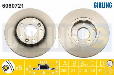 Girling 6060721 Диск тормозной RENAULT FLUENCE 10-/DUSTER 11- передний вент.D=280мм.