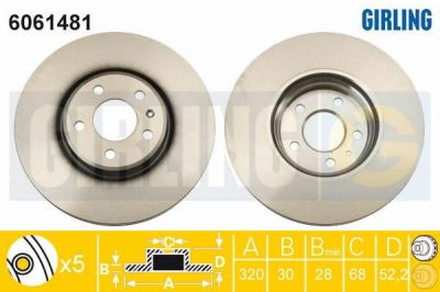 Girling 6061481 Диск тормозной AUDI A4/A5 07-/A6/A7 10-/Q5 08- передний вент.D=320мм.