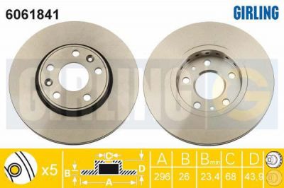 Girling 6061841 Диск тормозной RENAULT LAGUNA 07-/MEGANE 08-/SCENIC 09- передний вент.D=296мм.