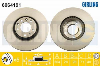 GIRLING Диск тормозной CITROEN C4 Picasso 13-/PEUGEOT 308 13-/508 11- передний D=304мм. (6064191)