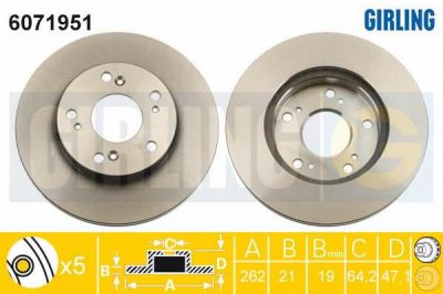GIRLING Диск тормозной HONDA CIVIC 01-/STREAM 01- передний вент.D=262мм. (45251S6M000, 6071951)