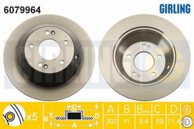 GIRLING Диск тормозной HYUNDAI SANTA FE/KIA SORENTO 09- задний D=302мм. (6079964)