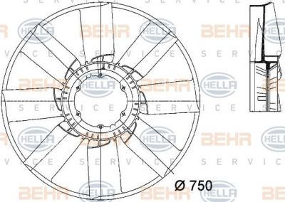 HELLA Крыльчатка гидромуфты 8 лопастей,ACTROS.O 750 mm OM 457 LA, OM 501/502 LA (8MV376733-261)