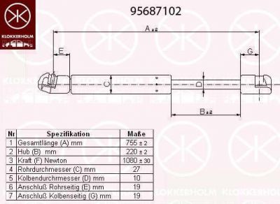 KLOKKERHOLM 95687102 газовая пружина, крышка багажник на VW MULTIVAN V (7HM, 7HN, 7HF, 7EF, 7EM, 7EN)