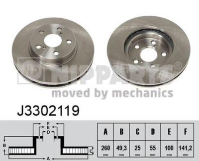 NIPPARTS Диск тормозной перед. TOYOTA Avensis 1,6-2,0L 97-03 (260x25mm) (562125, J3302119)