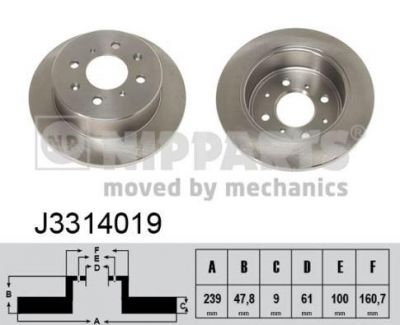 Nipparts Диск тормозной HONDA ACCORD 2.0 89-95/CIVIC 1.6 89-01/JAZZ 02- задний D=239мм. (J3314019)