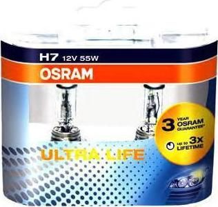 OSRAM Комплект галогенных лампH7 12V 55W PX26D ULTRA LIFE (в 3 раза увеличен срок службы по сравнению со стандартной лампой) (64210ULT-HCB)