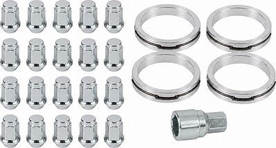 Монтажный комплект OZ Racing 81710385: 20 закрытых гаек D13 M14x1,5, конус 60°, SW19, высота 34 мм, 4 кольца XL 79/64,1 мм со стопорами и переходник 19–22 мм