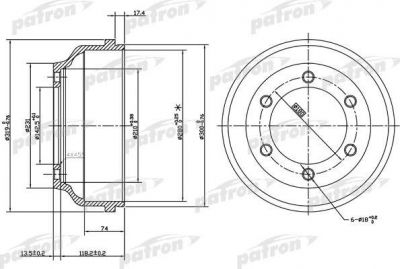 PATRON Барабан тормозной задн FORD: TRANSIT c бортовой платформой 91-, TRANSIT автобус 91-, TRANSIT автобус 00-, TRANSIT фургон 91-00 (PDR1068)