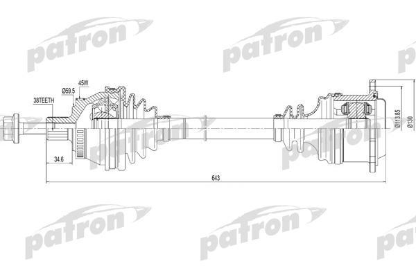 PATRON Полуось правая 38x654x59.5 ABS: 45T AUDI: A6 97-05, A6 AVANT 97-05 (PDS0110)
