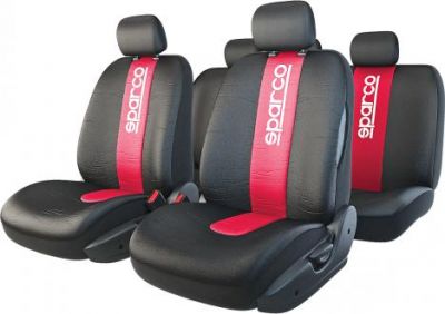 Чехлы автомобильные SPARCO, серия Racing, универсальные, 5мм поролон, вставки 10мм поролон, 11 предм., чёрн./красный, 1/6