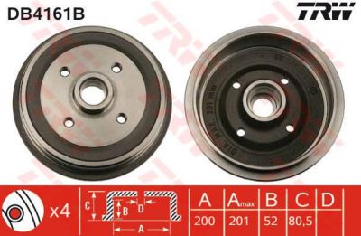 TRW DB4161B тормозной барабан на AUDI 90 (89, 89Q, 8A, B3)