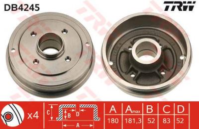 TRW DB4245 Барабан тормозной зад.(d=180,2mm/без ABS) RENAULT R19/Clio I/II/Logan/Megane I 1,2-2,0L 01/89-> 7700685473/7701783030/7700752363 (329224J)