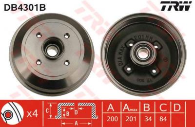 TRW DB4301B тормозной барабан на OPEL CORSA C (F08, F68)